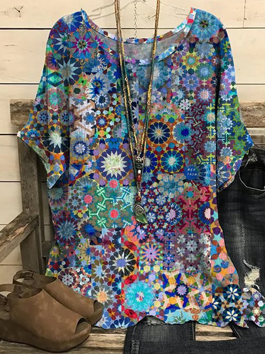 Casual Loose Crew Neck Geometric Print Short Sleeve Blouse