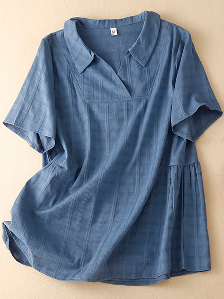 Casual Loose Plaid Jacquard Solid Color Short sleeved Blouse