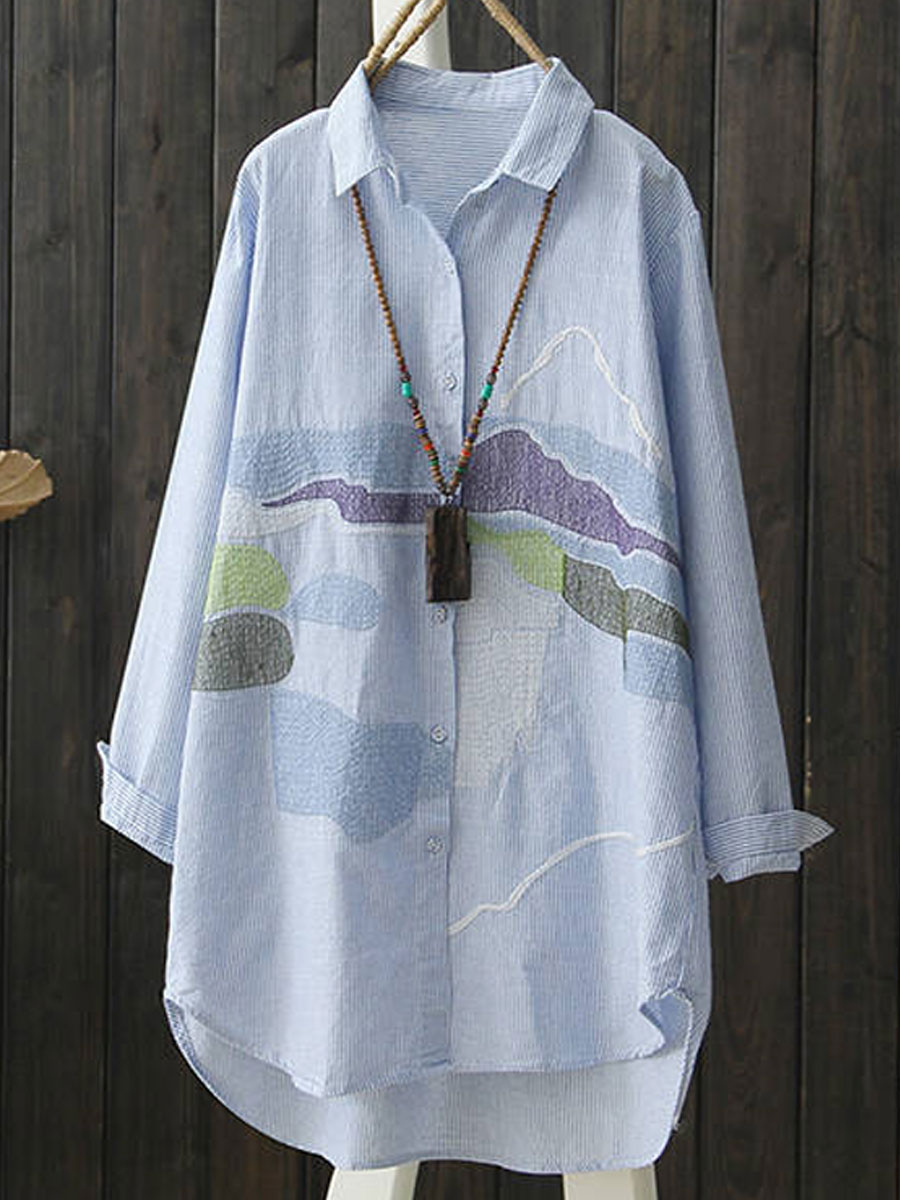 Casual Loose Striped Embroidered Sun Protection Long Sleeve Blouse