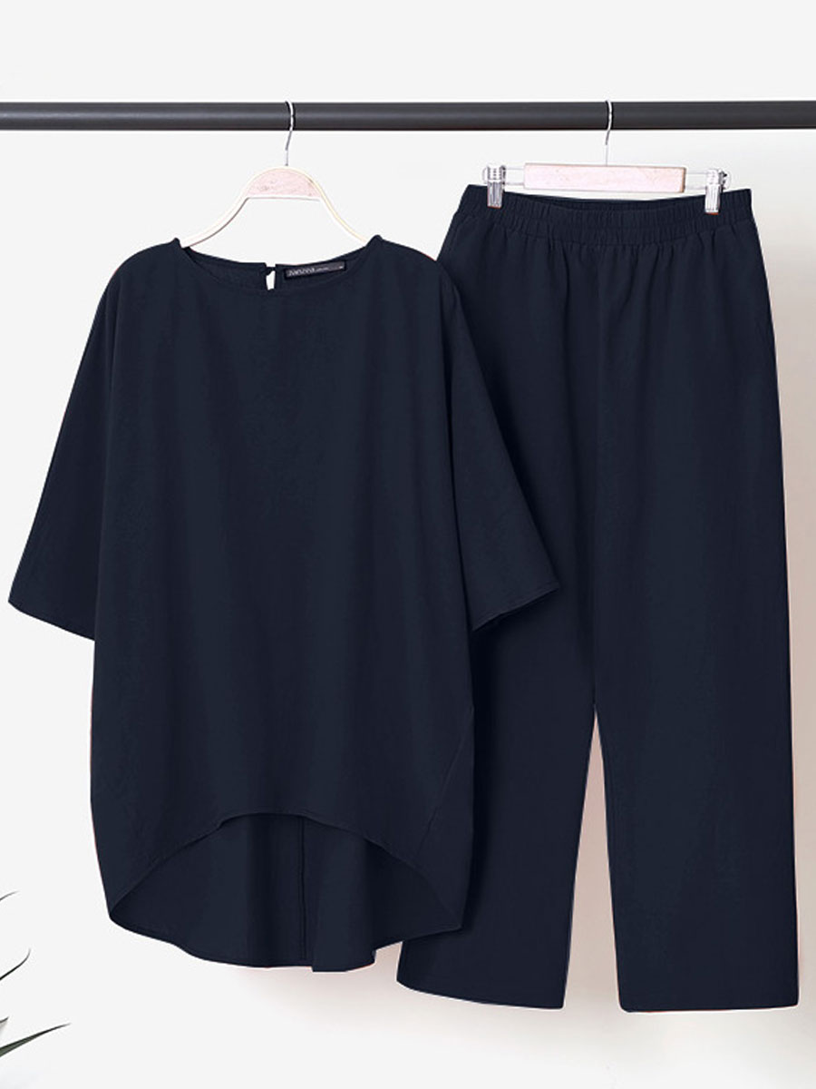 Round Neck Casual Loose Solid Color Elastic Waist Pants Suit