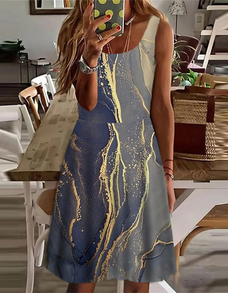 Round Neck Casual Loose Marble Print Resort Sleeveless Short Dress