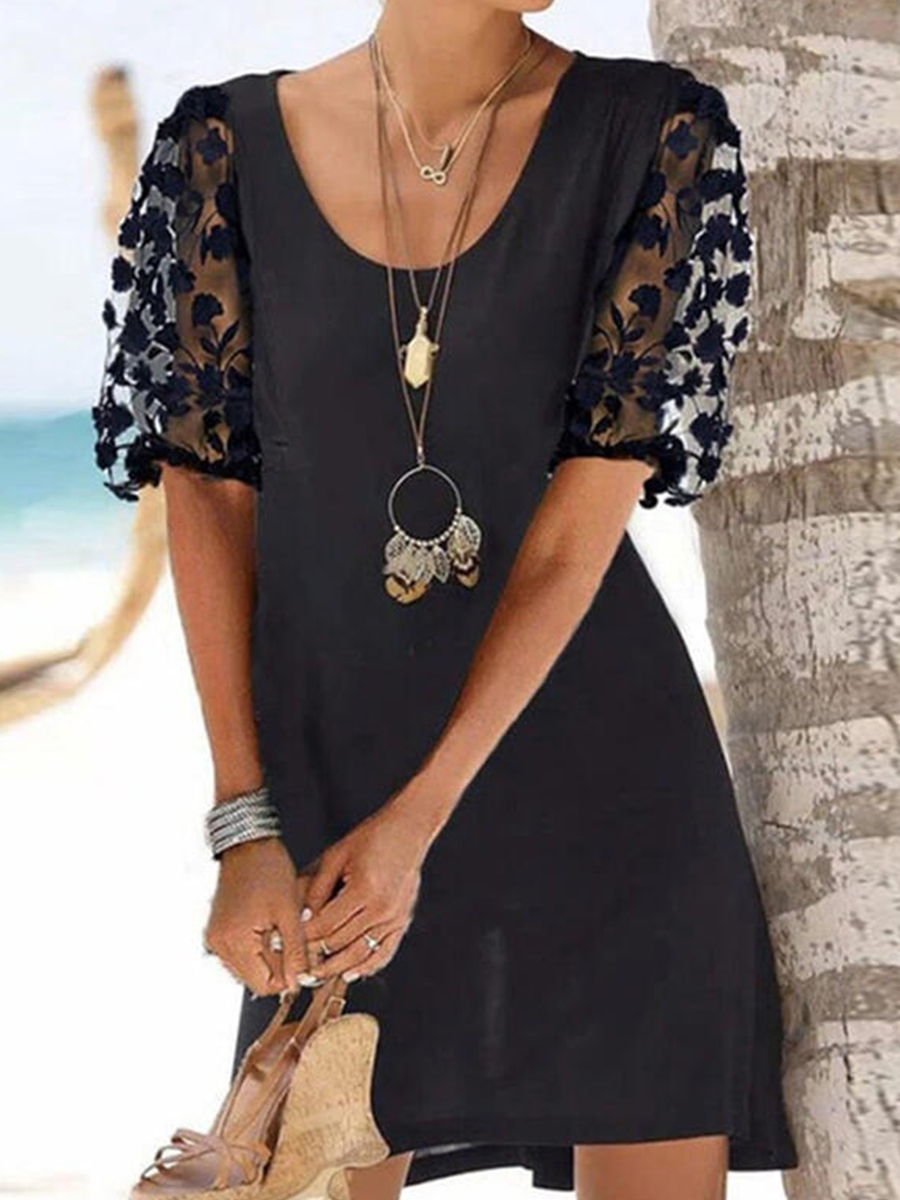 Summer V Neck Lace Short Sleeve Polyester Dress