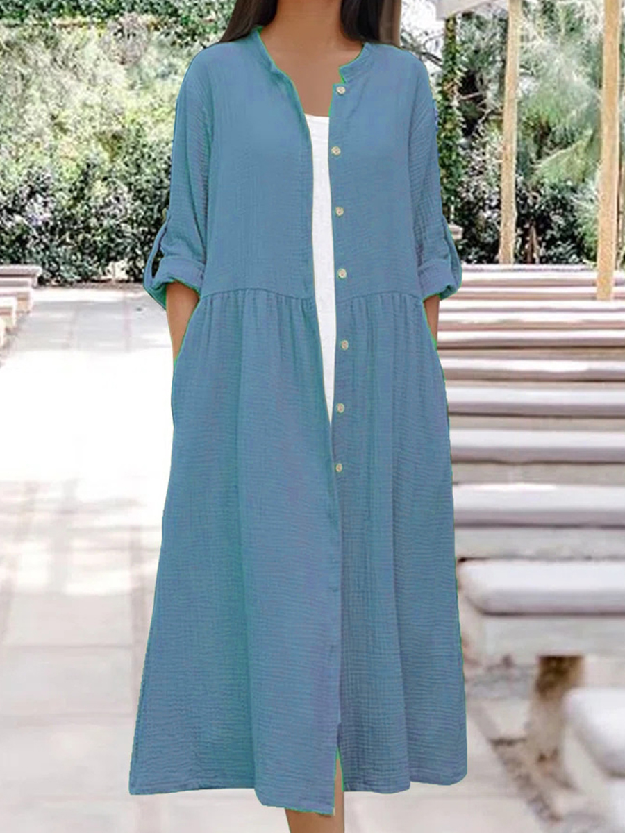 Solid Color Long Sleeve Pocket Button Polyester Dress