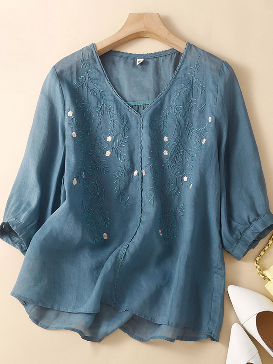 V neck Casual Loose Floral Embroidered Mid sleeve Blouse