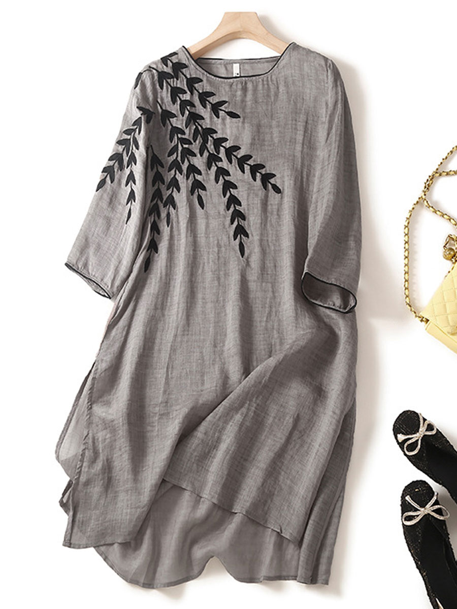 Round Neck Loose Casual Leaf Embroidered Short Sleeve Short Dress