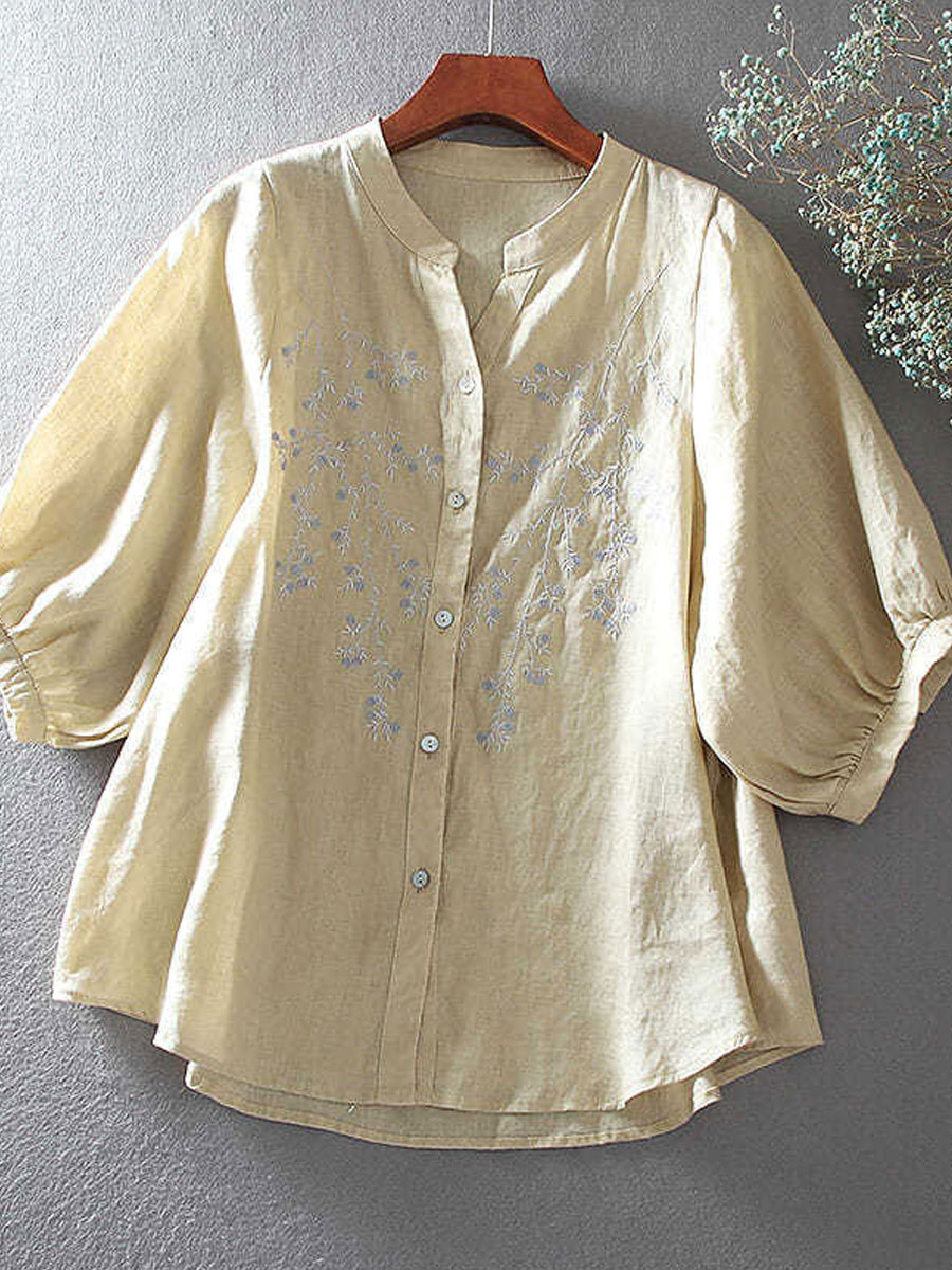 V neck Loose Casual Embroidered Mid sleeve Blouse