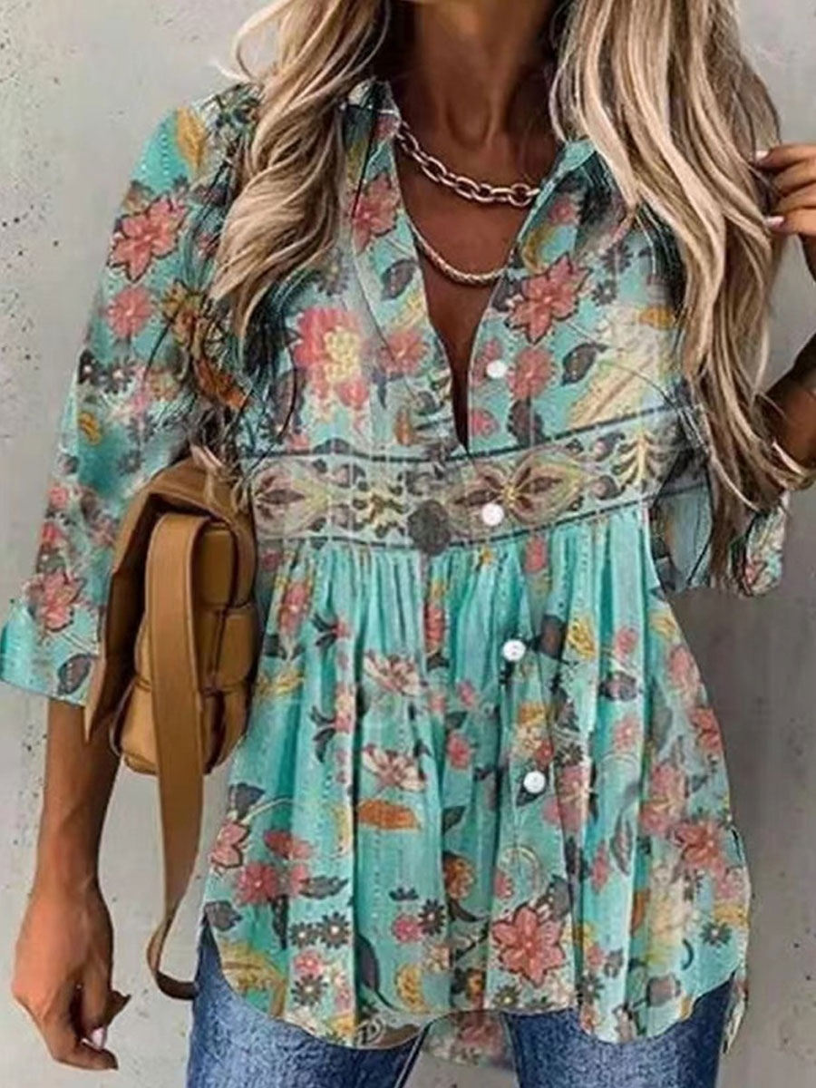 Loose Casual Floral Print Chic Sun Protection Long Sleeve Blouse