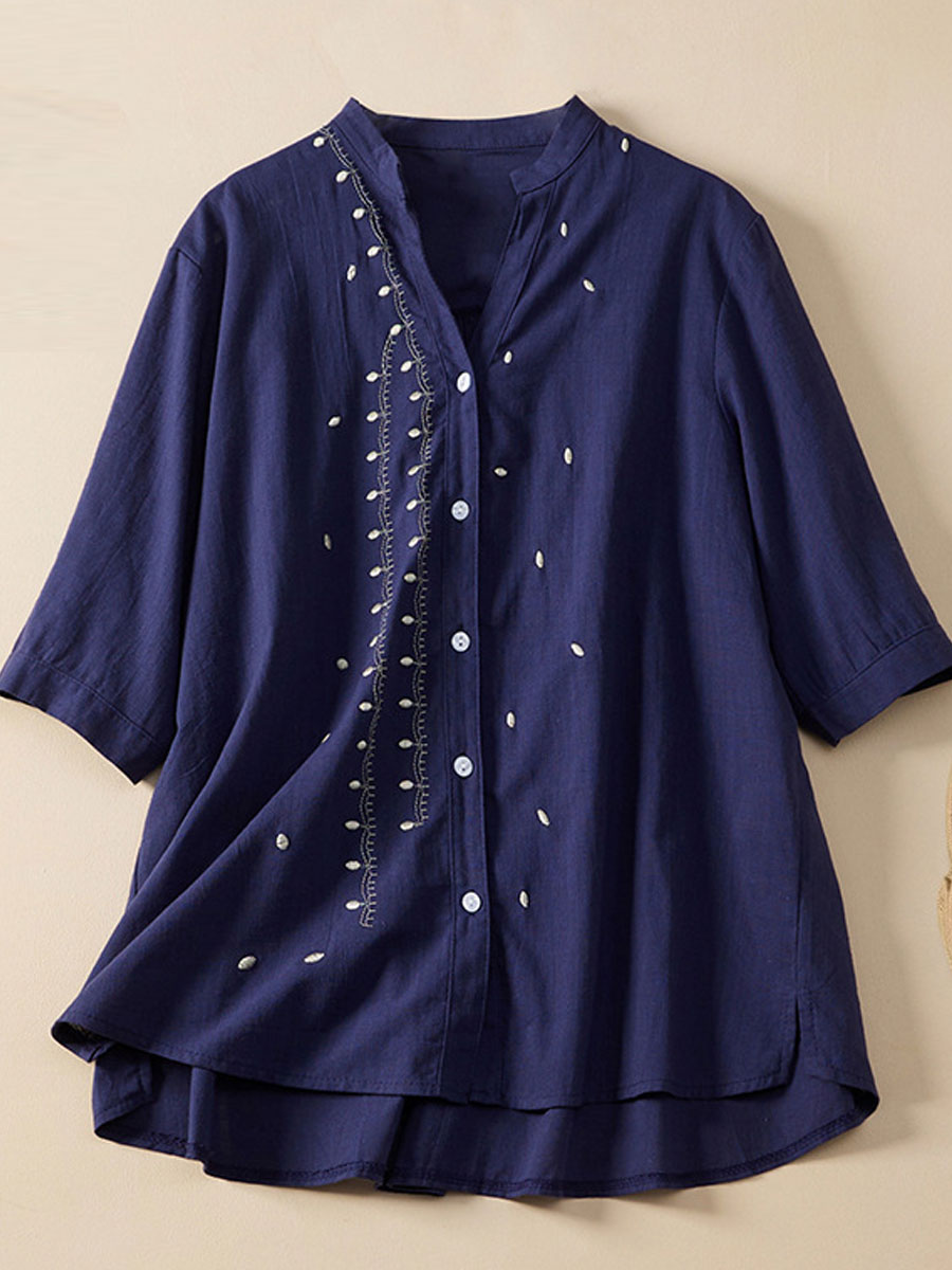 Casual Loose Embroidered Cardigan Short Sleeve Blouse