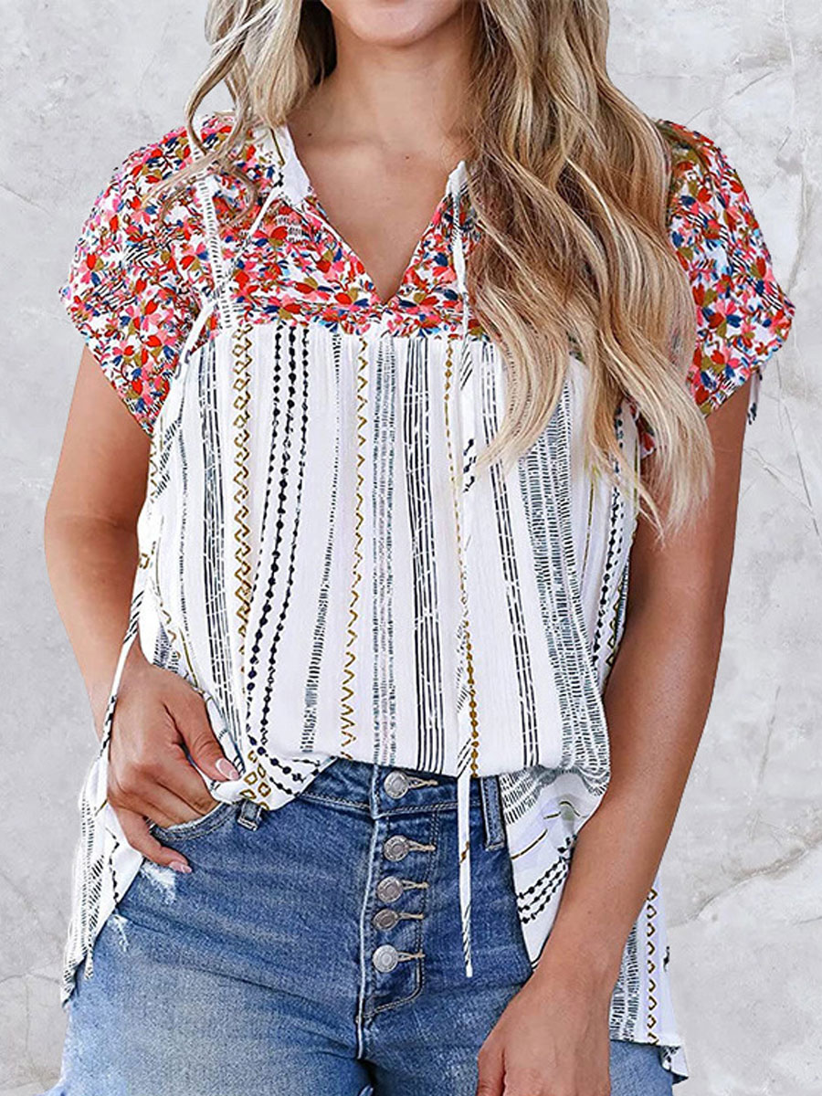 V neck Loose Casual Floral Print Short Sleeve Blouse