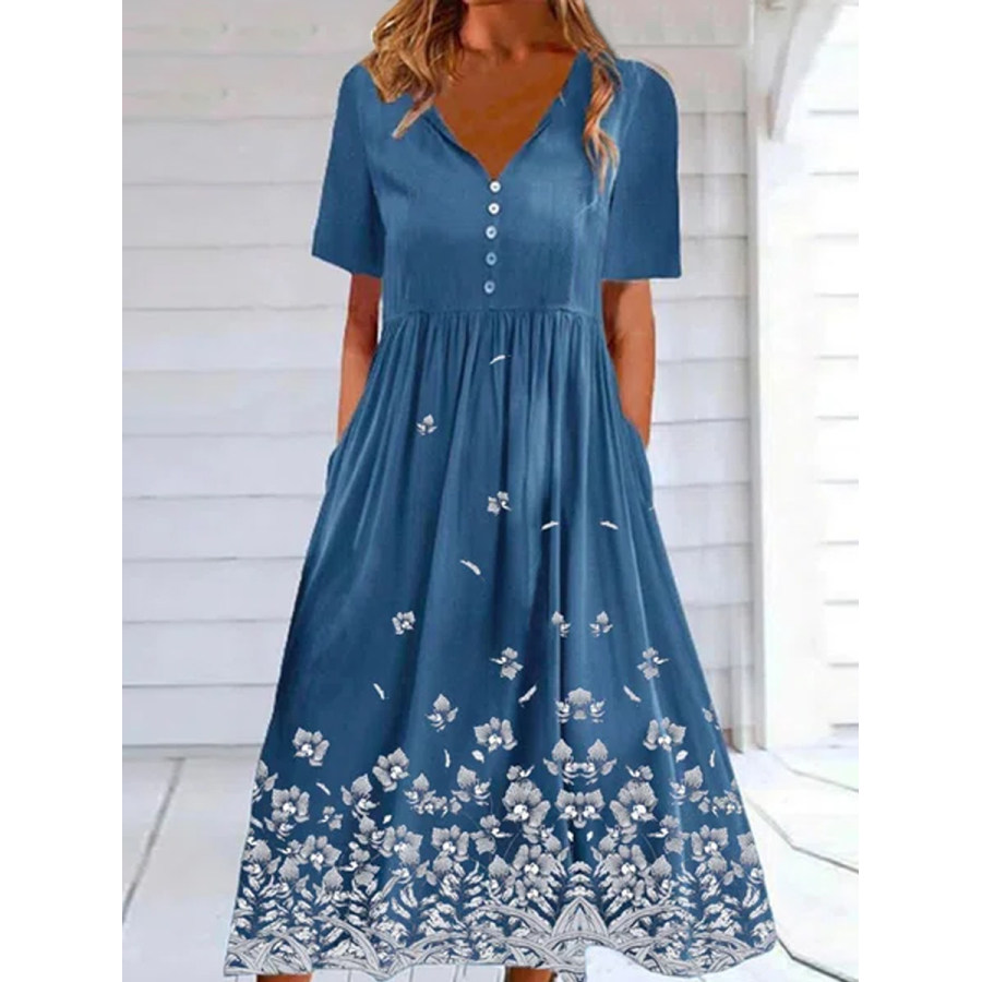 

Vintage Floral Print Short Sleeves V Neck Midi Dress