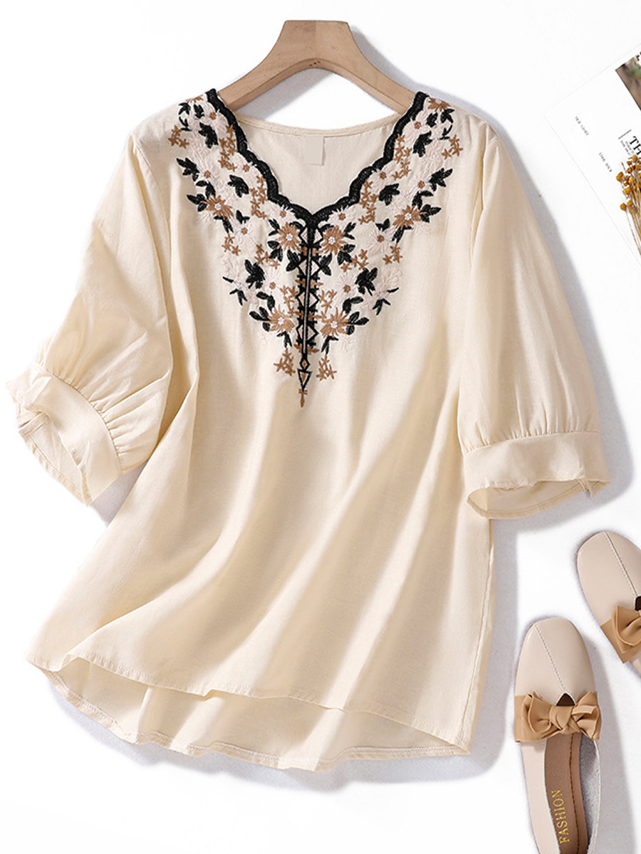 Vintage Embroidered V Neck Half Sleeve Blouse