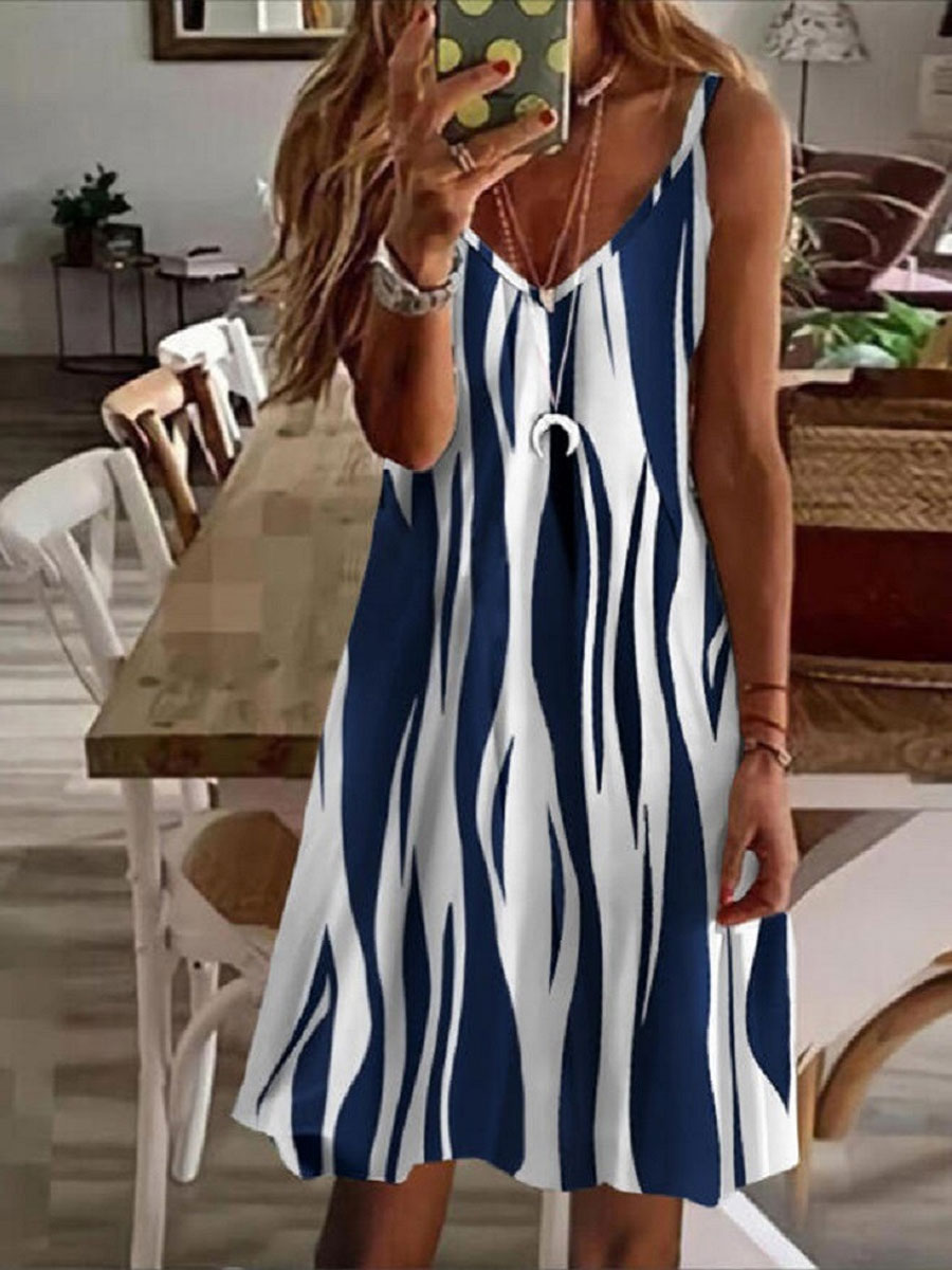 V neck Casual Loose Color Block Print Sleeveless Short Dress