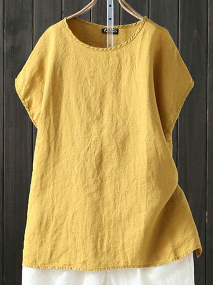 Round Neck Casual Loose Solid Color Short sleeved Blouse