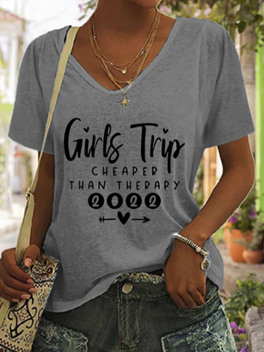 Casual Girls Trip Letter Print V Neck Short Sleeve T Shirt
