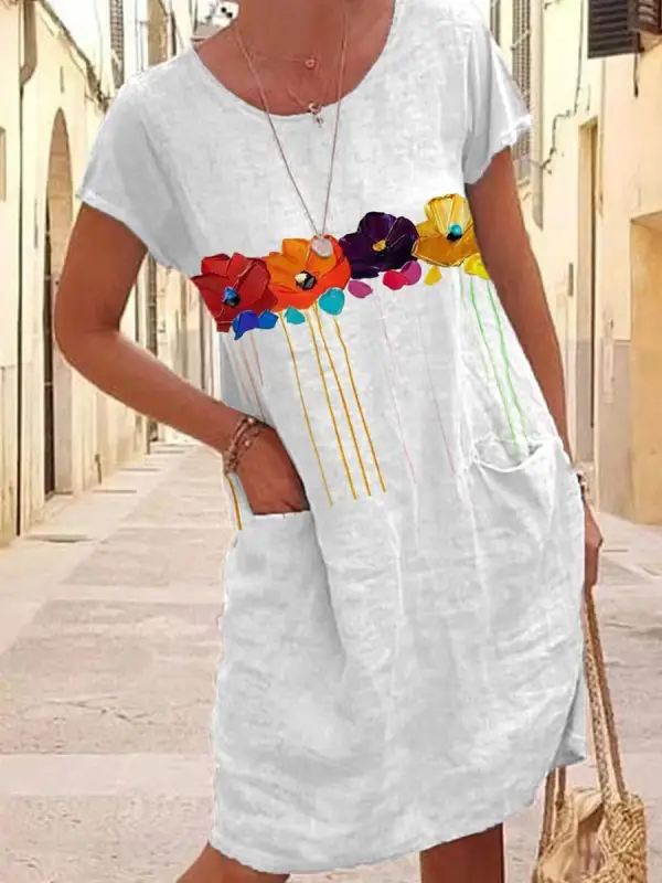 Round Neck Casual Loose Floral Print Short Sleeve Short Dress - Realyiyi.com 