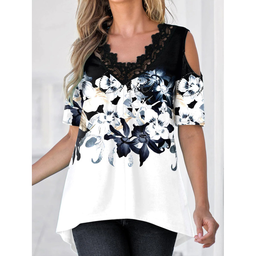 

Vintage Floral Print V Neck Short Sleeves Blouse