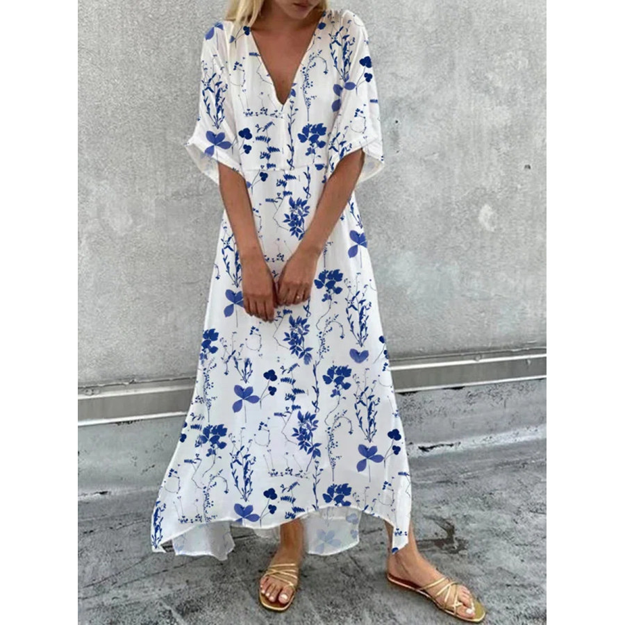 

Vintage Floral Print Short Sleeves V Neck Maxi Dress