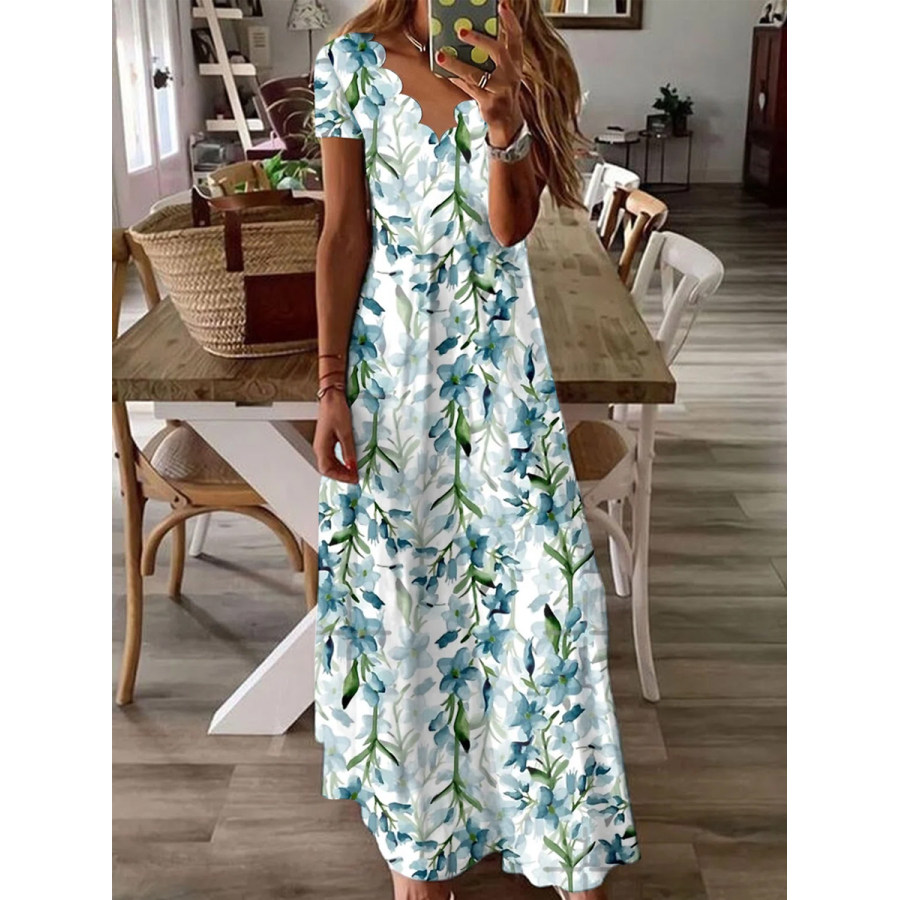 

Vintage Floral Print Short Sleeves V Neck Maxi Dress