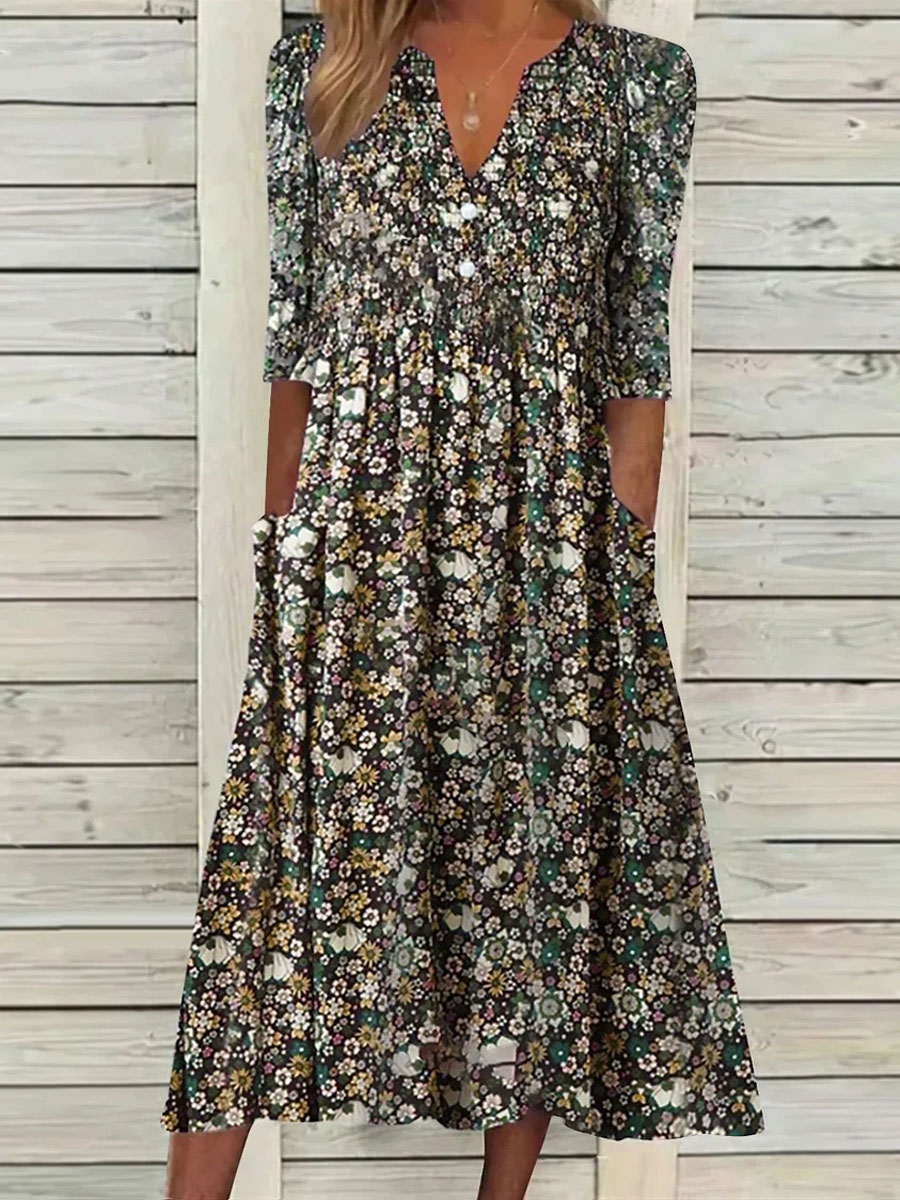 V neck Casual Loose Floral Print Summer Short Sleev Midi Dress