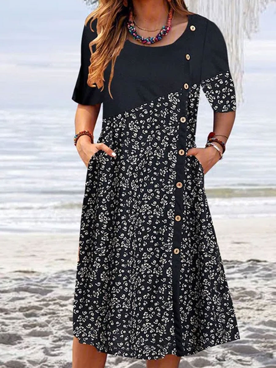 Round Neck Casual Loose Floral Print Resort Short Sleeve Midi Dress