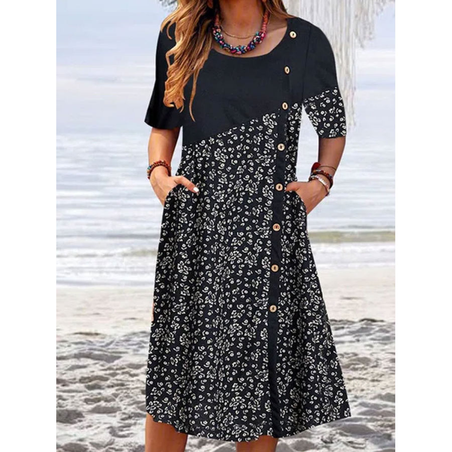 

Round Neck Casual Loose Floral Print Resort Short Sleeve Midi Dress