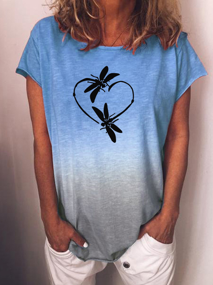 Casual Loose Dragonfly Print Crew Neck Short Sleeve T Shirt