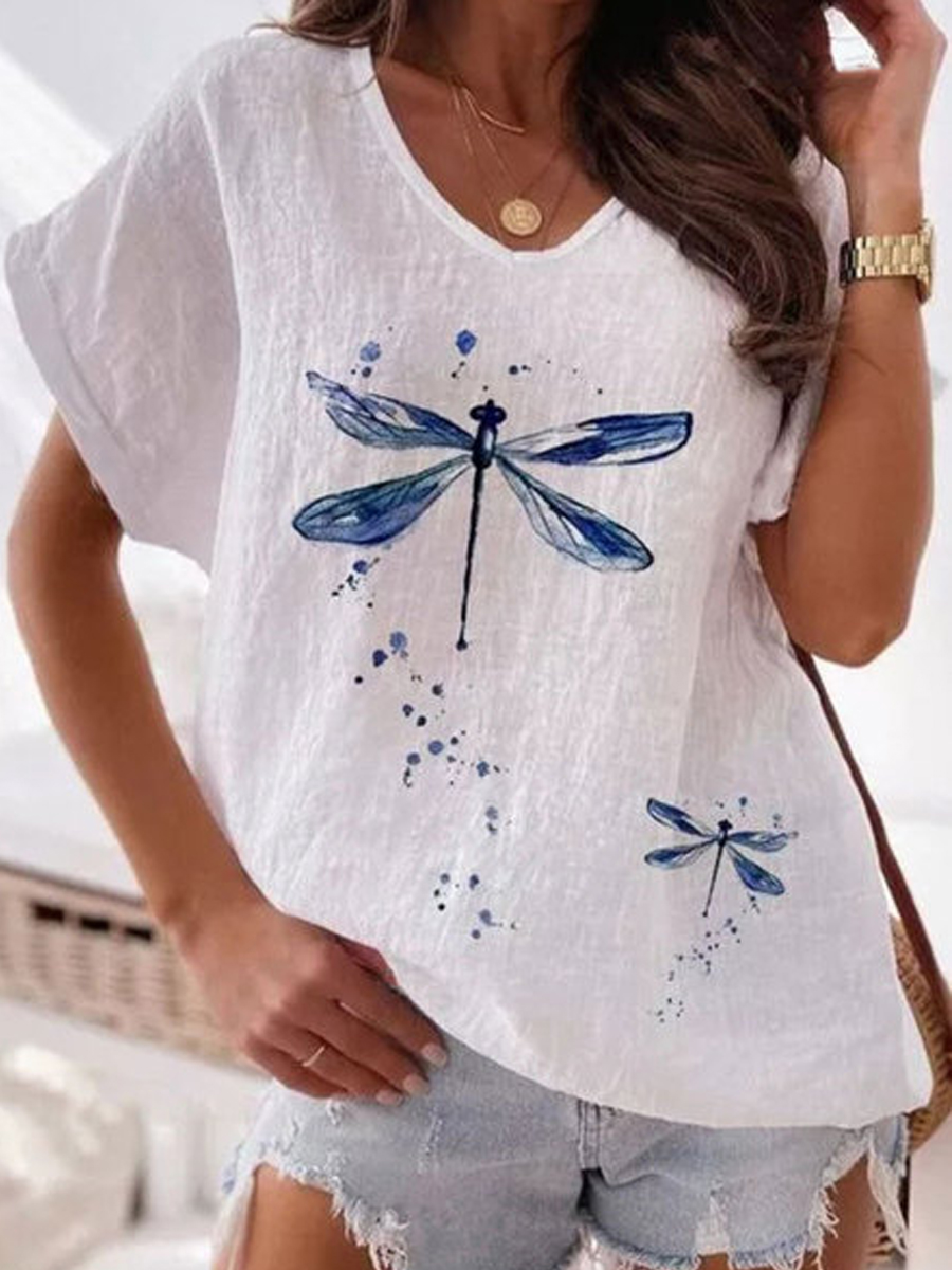 Loose Casual Dragonfly V Neck Short Sleeve Blouse