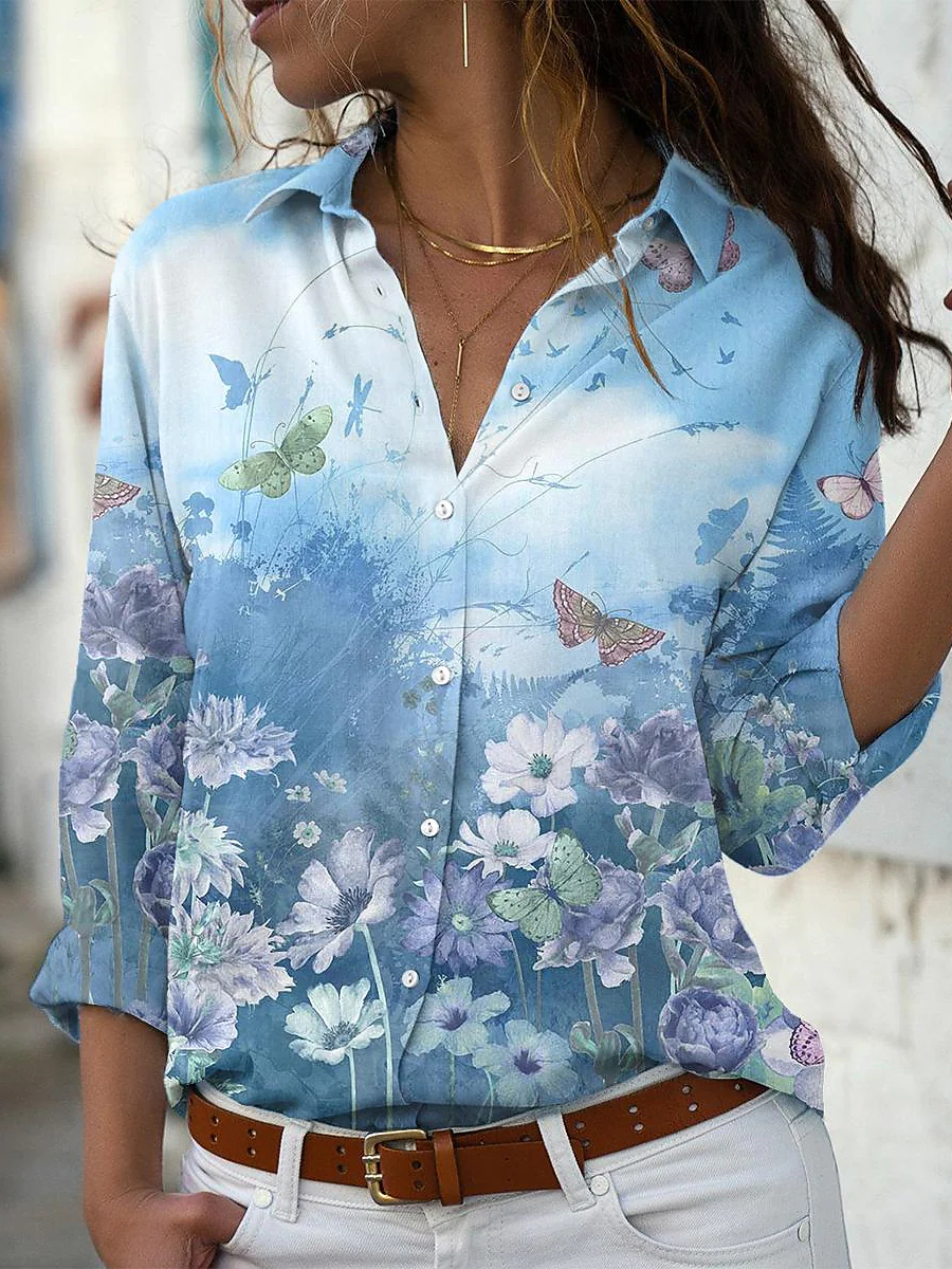 Fashion Casual Floral Print Lapel Long Sleeves Shirts