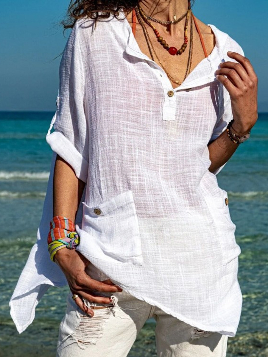 Casual Solid Color Pocket Irregular Hem V Neck Long Sleeve Blouse