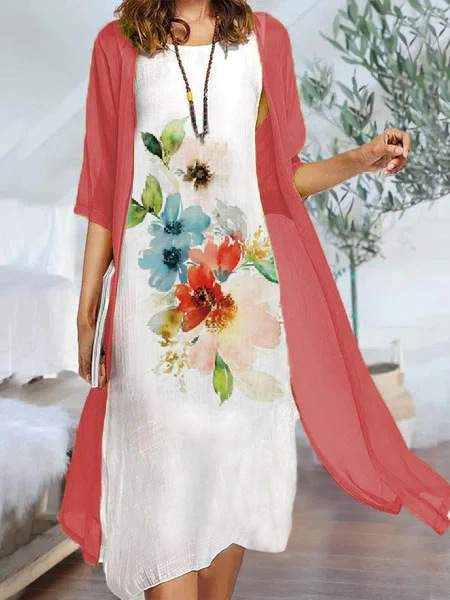 Round Neck Casual Loose Floral Print Suit Midi Dress