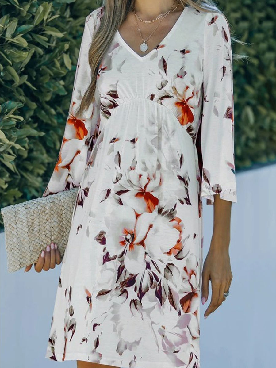 V neck Casual Loose Floral Print Long Sleeve Short Dress