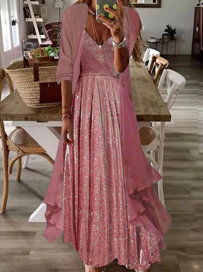 V neck Casual Loose Sequin Suit Maxi Dress