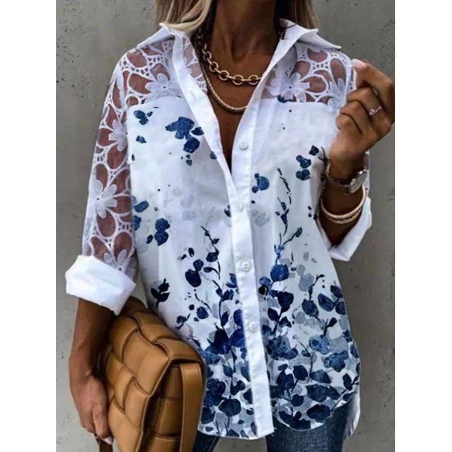 

Casual Floral-Print Paneled Lace Lapel Long-Sleeve Shirt