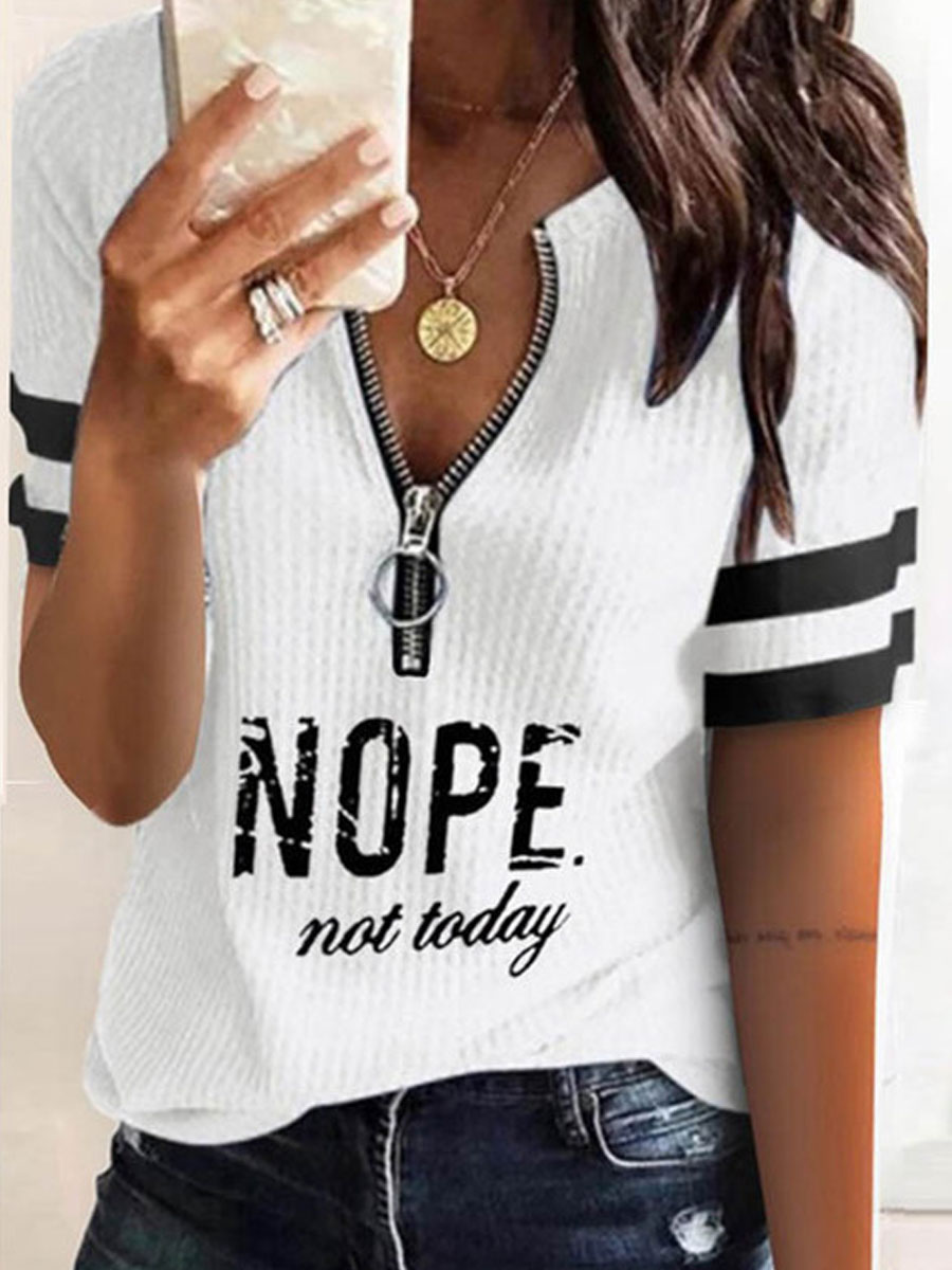Round Neck Zip Casual Loose Striped Short Sleeve T shirt