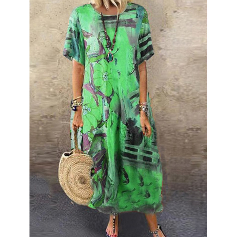 

Loose Vintage Print Crew Neck Short Sleeve Maxi Dress