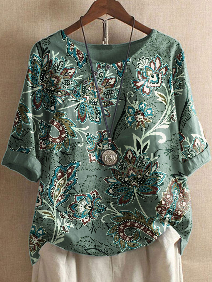 Round Neck Casual Loose Chic Paisley Print Short Sleeve Blouse