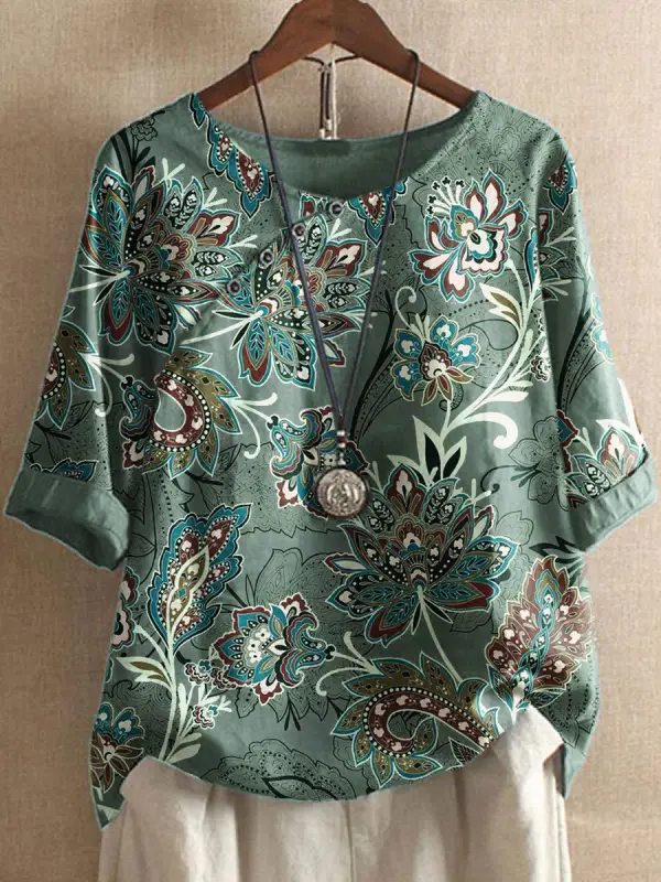 Round Neck Casual Loose Paisley Print Short Sleeve Blouse - Oasisjoy.com 