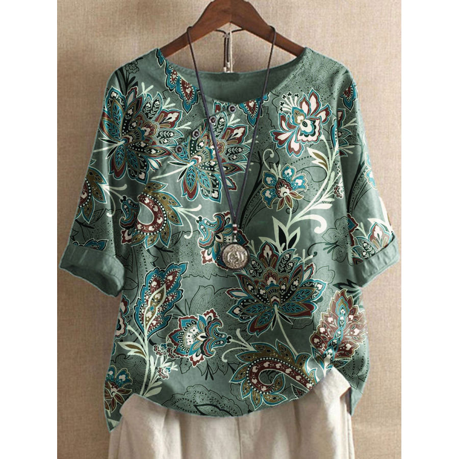 

Blusa De Gola Redonda Casual Solta Estampa Paisley Manga Curta