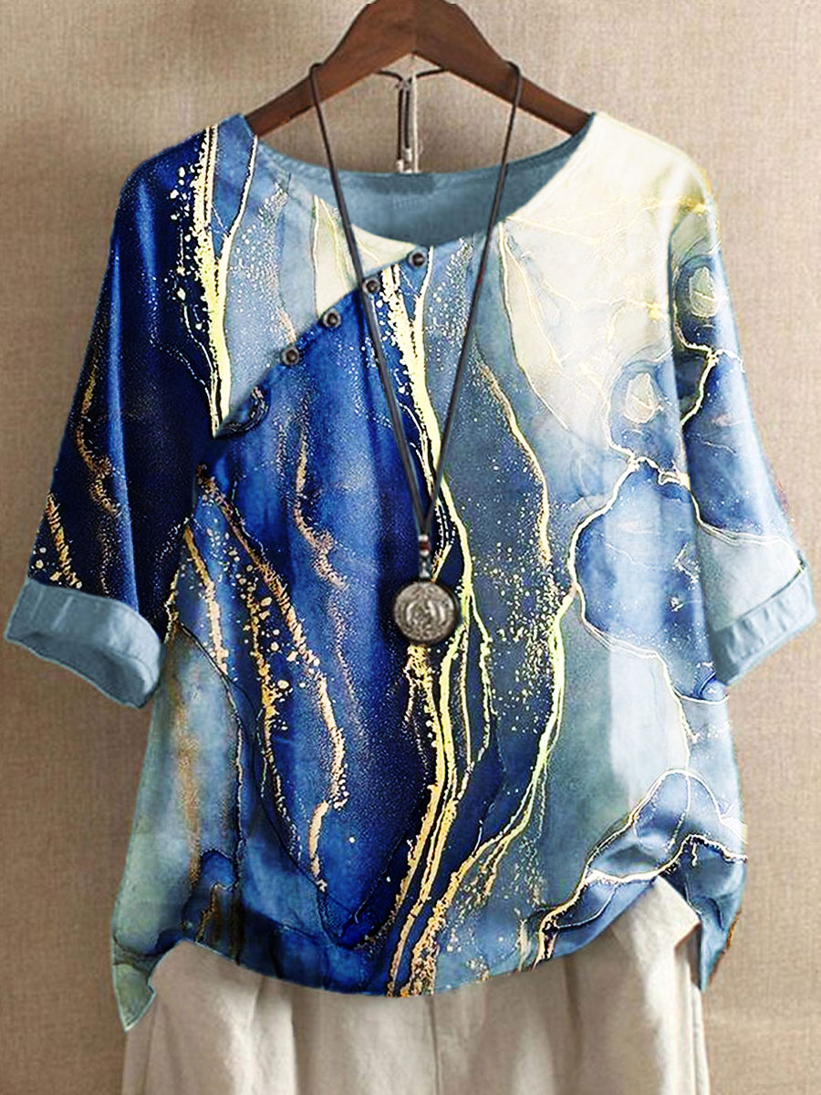 Round Neck Casual Loose Chic Marble Print Short Sleeve Blouse