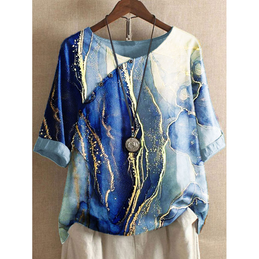 

Round Neck Casual Loose Marble Print Short Sleeve Blouse