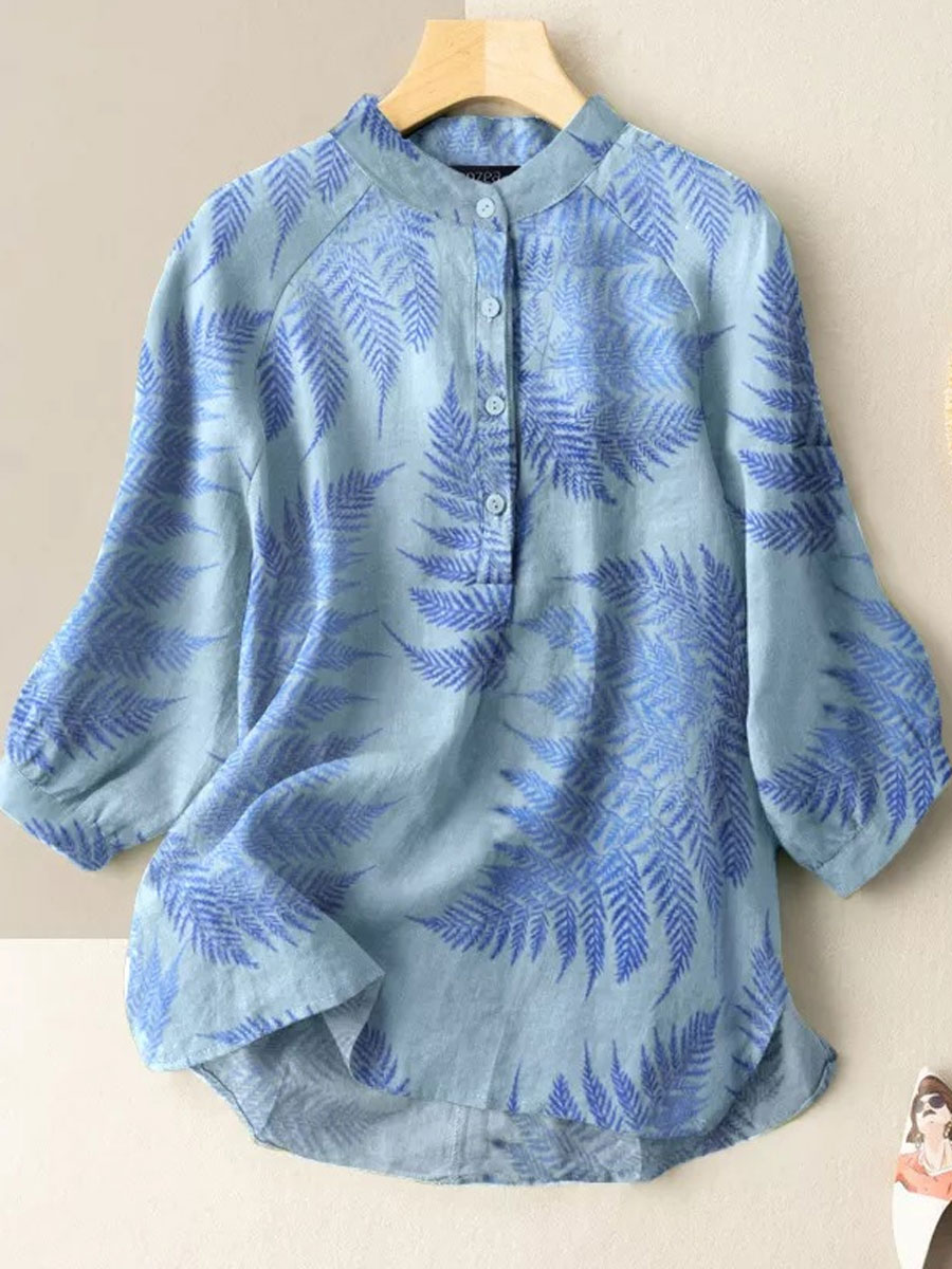 Casual Loose Leaf Print Long Sleeve Blouse