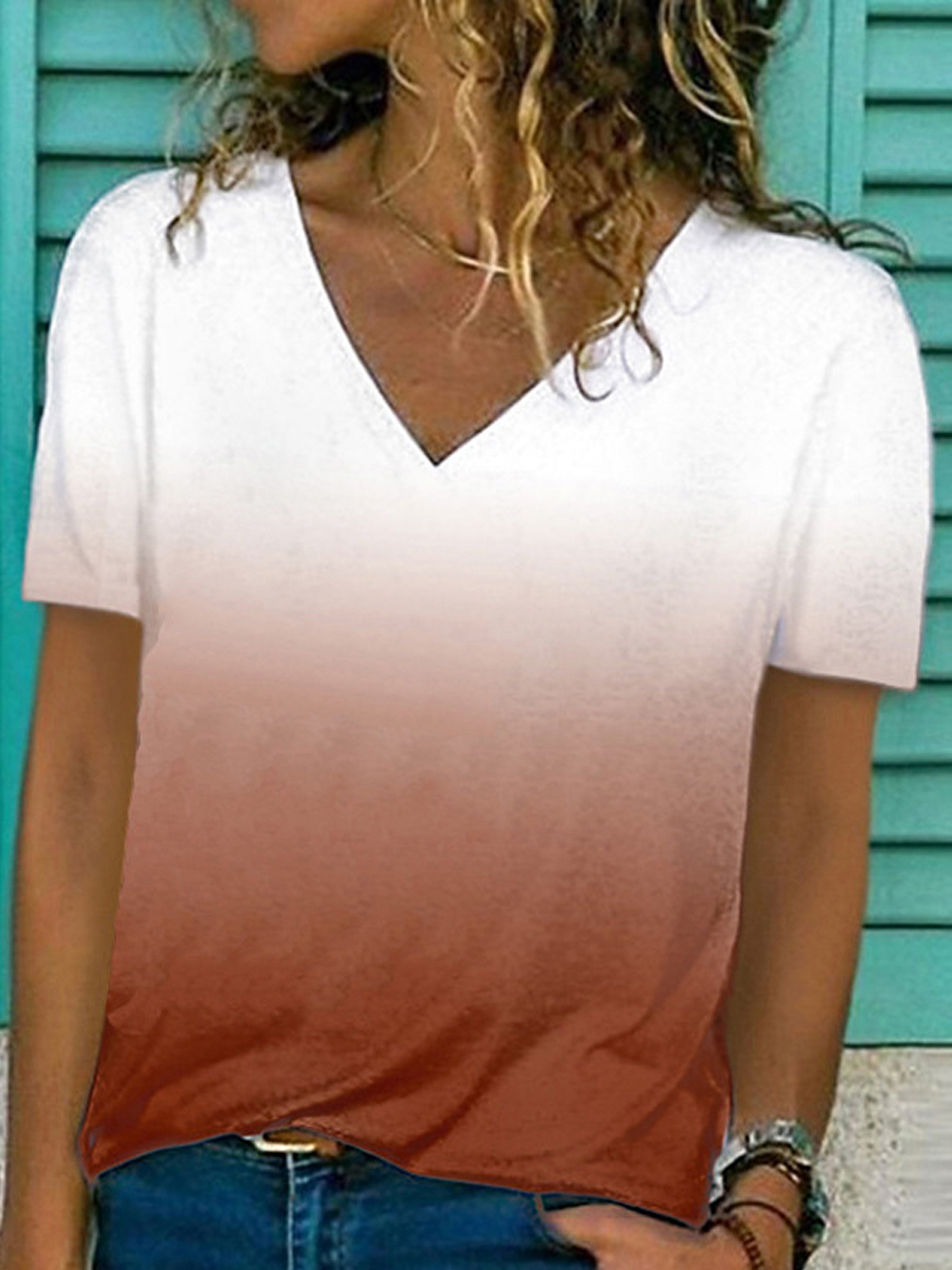 Casual Gradient Solid Color V Neck Short Sleeved T Shirt