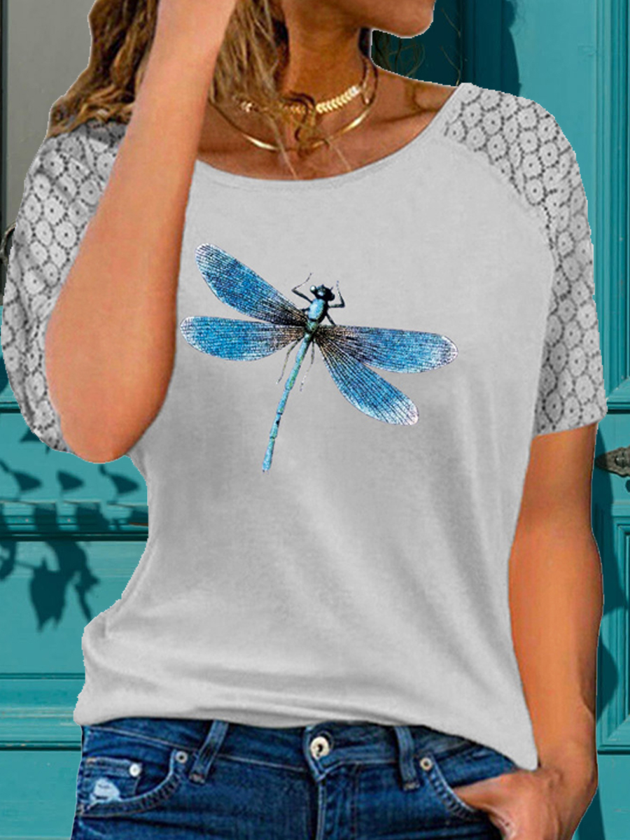 Casual Dragonfly Print Crew Neck Panel Lace Short Sleeve T Shirt
