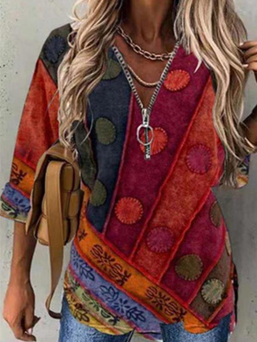 Casual Vintage Print Zip V Neck Long Sleeve Blouse