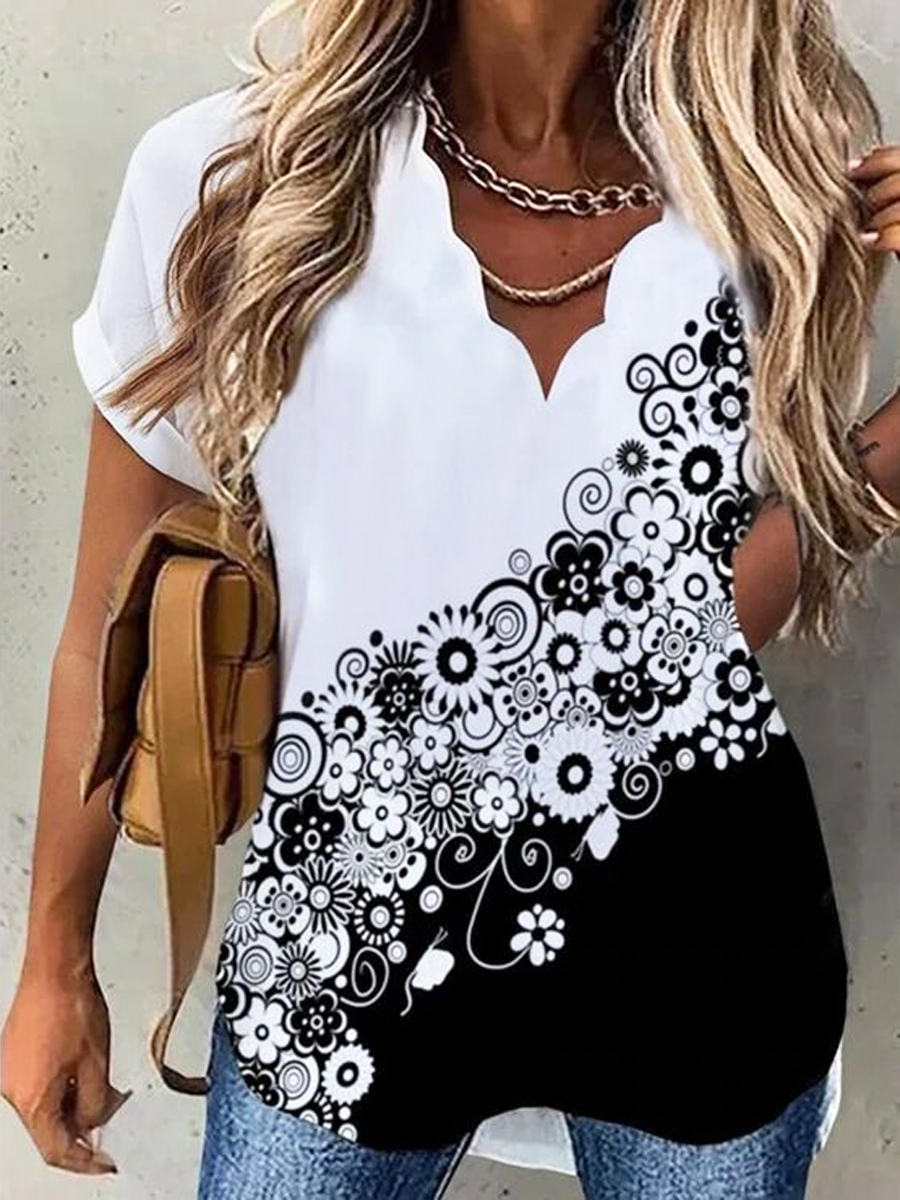 Fashion Floral Print Wavy V Neck Short Sleeve Blouse