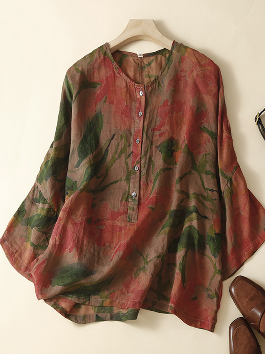 Vintage Floral Print Loose Button Crew Neck Long Sleeve Blouse