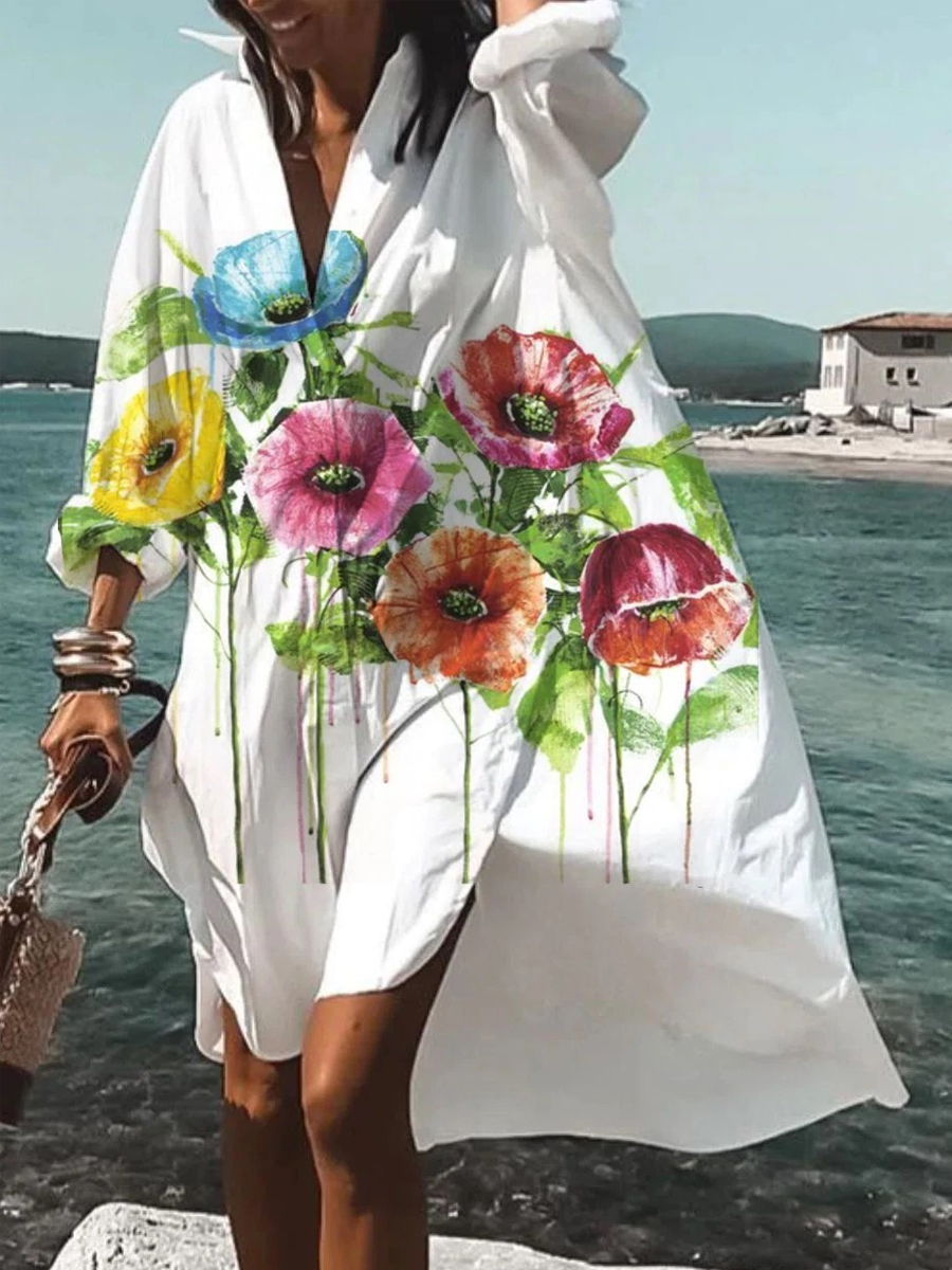 Fashion Casual Loose Print Lapel Long Sleeve Shirt Short Dress