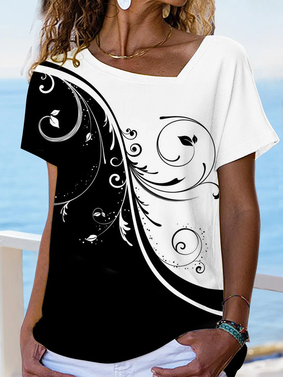 Casual Colorblock Printed V Neck Short Sleeve T Shirt
