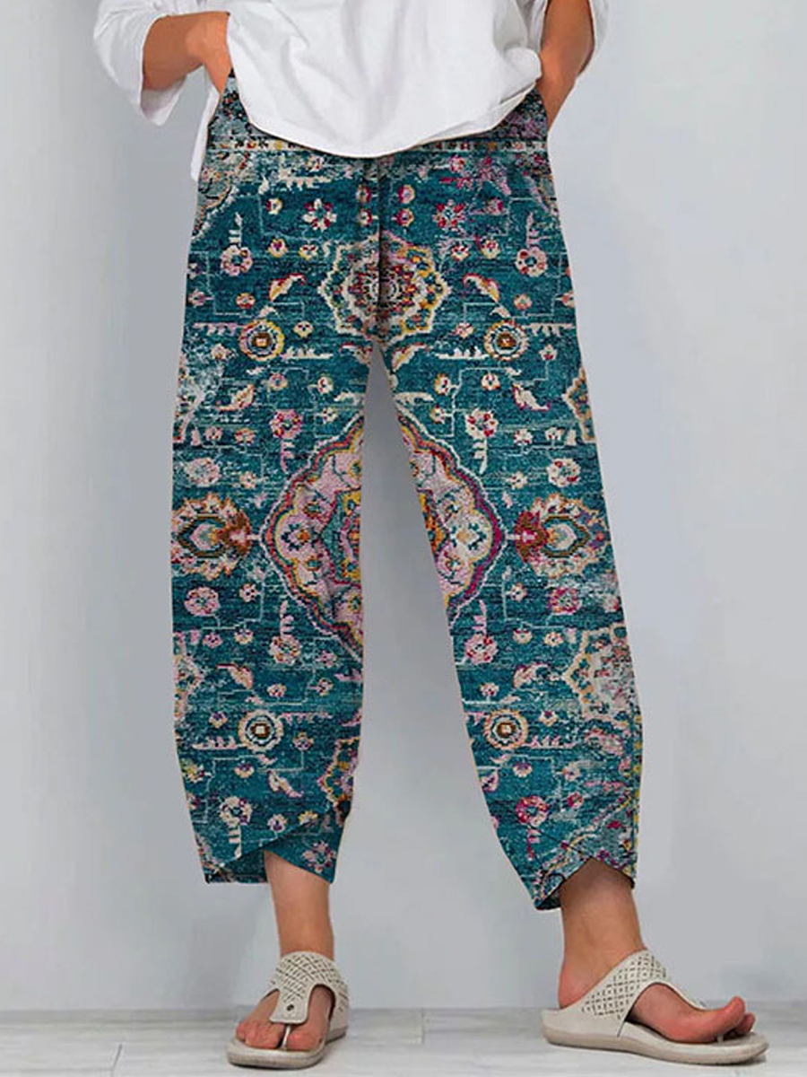 Casual Ethnic Print Loose Pocket Pants
