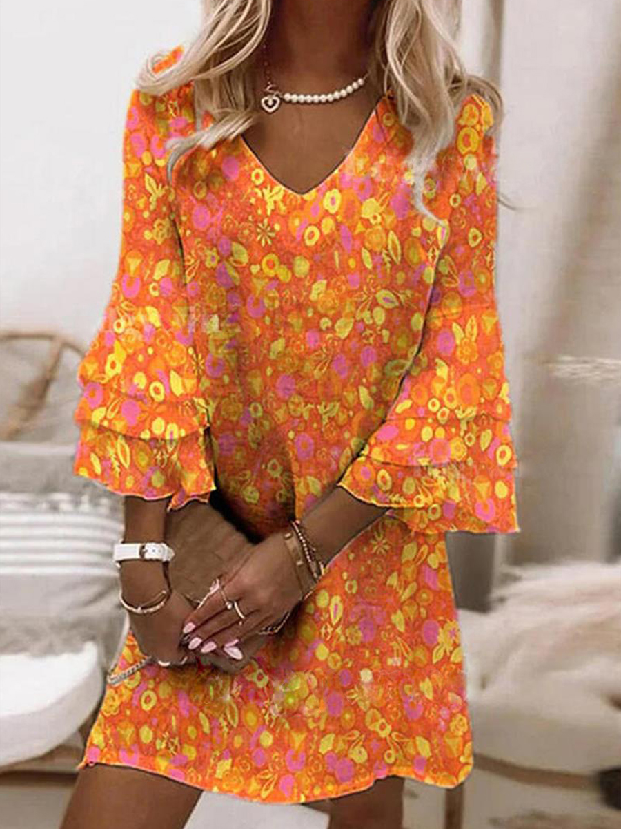 Casual Fashion Ethnic Print V Neck Three quarter Sleeve Short Dress